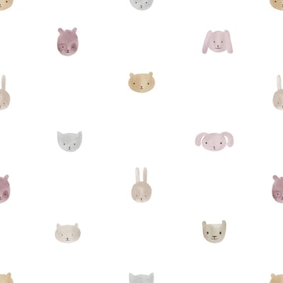 Behang - Dieren - Aquarel - Babykamer Meisje - Wit Roze - Kinderkamer - Dierenhoofdjes - Beer Kat Konijn - 0,53 x 10,05 M - Happy