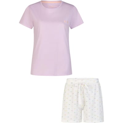 By Louise Dames Shortama Korte Pyjama Set Geprint Paars/Wit Gestipt - Maat S