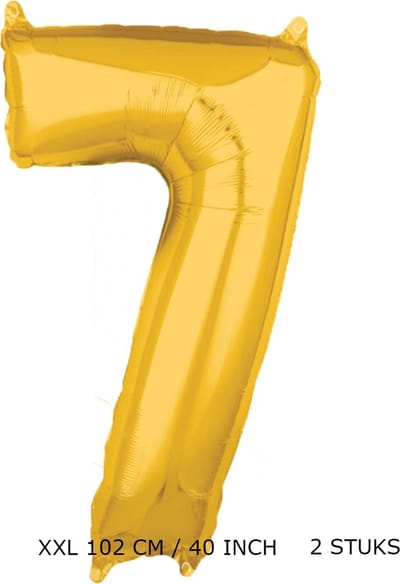 Grote XXL gouden folie ballon cijfer 7 jaar. leeftijd verjaardag 7. 102 cm 40 inch. Met rietje om op te blazen. 2 stuks