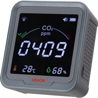 VEVOR WiFi CO2-melder, CO2-monitor met temperatuur- en vochtigheidsweergave, NDIR-sensor, koolstofdioxidemeter, CO2-detector voor buitengebruik, thuis, op kantoor, in de auto, wandmontage