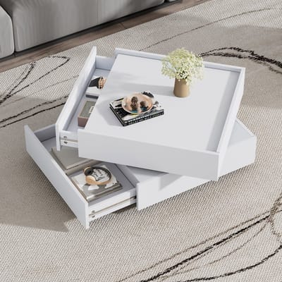 Pugsdrly Draaibare Salontafel met 360° Draaibaar Tafelblad 2 Legplanken en Opbergruimte 60x60x38 cm