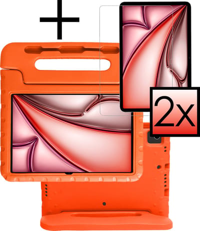 Hoes - Geschikt voor Apple iPad Air (2024/2025/2026) - 11 inch - Met 2x Screenprotector - Kinderhoes Shockproof Bumper - Kidsproof Case - Tablet Hoesje - Kinder Cover - Oranje