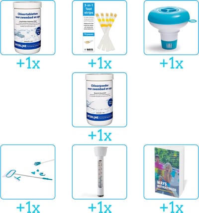 Zwembad Onderhoudspakket - Onderhoud Zwembad - bevat Chloor - Testrips - Chloordrijver - Chloor - Schoonmaakset - Thermometer en Zwembadgids (7-delig)
