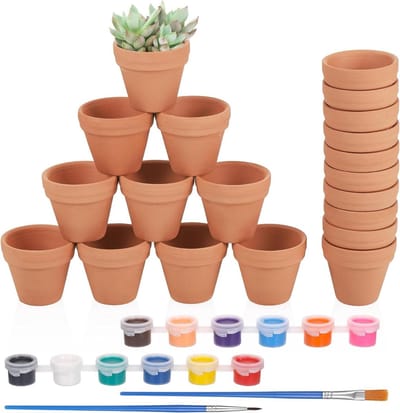 24 stuks terracotta plantenpotten 3 × 35 cm - inclusief 2 borstels en 12 kleuren - om te schilderen - DIY kleine terracotta potten voor binnen