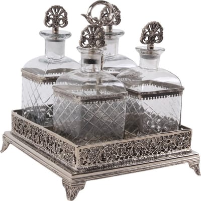 Baroque - Decoratieve schaal - Karaf Set met Standaard 26 cm - Zilver - Glas - 35x26x26 - Brass+glass