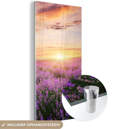 MuchoWow® Glasschilderij 20x40 cm - Schilderij acrylglas - Lavendel - Zon - Bloemen - Foto op glas - Schilderijen