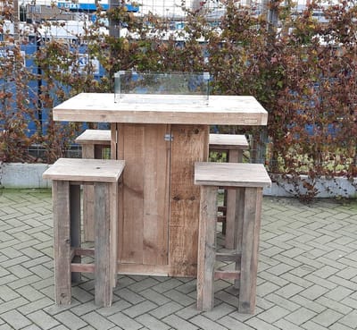Vuurtafel Sta tafel set "Celebration" van Gebruikt steigerhout 80x120cm - 5 delige set - Kruk easy - 4 persoons
