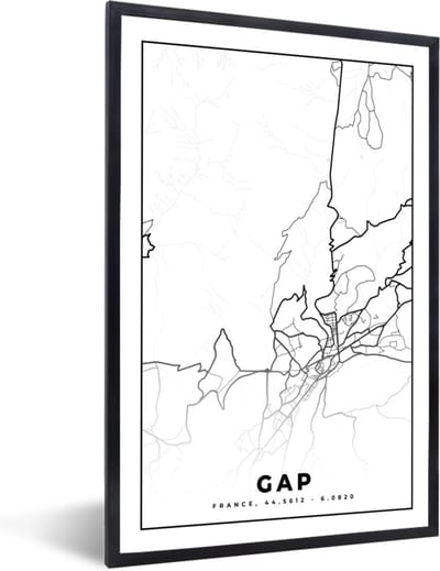 Fotolijst incl. Poster Zwart Wit- Frankrijk – Kaart – Plattegrond – Gap - Stadskaart - Zwart wit - 40x60 cm - Posterlijst