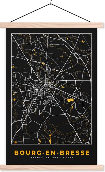 Posterhanger incl. Poster 40x60 cm - Schoolplaat - Bourg-en-Bresse - Stadkaart - Plattegrond - Kaart - Frankrijk - Textielposter - Blanke latten - Stadskaart