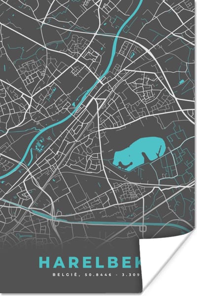 Poster België – Harelbeke – Stadskaart – Kaart – Blauw – Plattegrond - 120x180 cm XXL