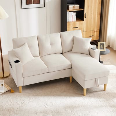 BLACKCOLORS Moderne L-vormige bank, 3-zitsbank met chaise longue, opbergruimte, geïntegreerde bekerhouders, geleverd met 2 kussens, geschikt voor de woonkamer, het kantoor, het appartement, enz., video beschikbaar