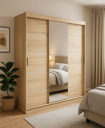 Kledingkast met Spiegel – 180 cm – 3 Schuifdeuren – Licht Eiken – Grote Kast met 8 Legplanken en 2 Hangroedes