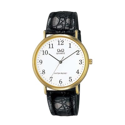 Q&Q V720J104Y - Horloge - Analoog - Heren - Mannen - Leren band - Rond - Metaal - Zwart - Goudkleurig - Wit - 3ATM