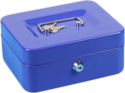 Metalen Geldkist - Opbergdoos Kassa - Waardevolle Spullen Opbergen - Dubbellaags Interieur - 20x16x9 cm - Blauw