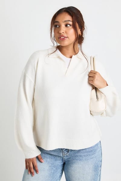boohoo Dames PLUS MET KRAAG V-HALS GEBREIDE TOP | Cream | Maat: 20