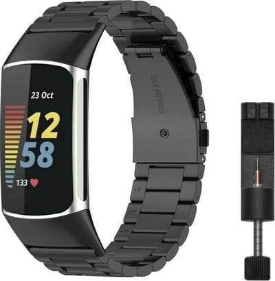MY PROTECT - Luxe Metalen Bandje Geschikt Voor Fitbit Charge 5 / Charge 6 - Schakel Band - Zwart
