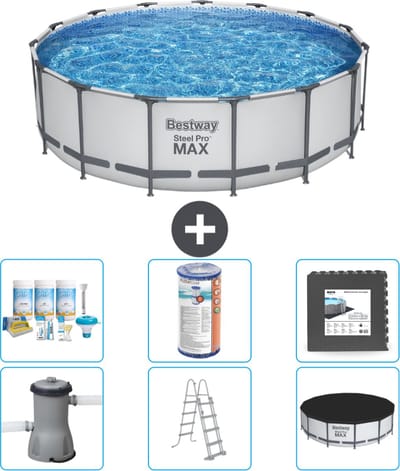 Bestway Rond Steel Pro MAX Zwembad - 457 x 122 cm - Grijs - Inclusief Pomp - Ladder - Afdekzeil Onderhoudspakket - Filter - Vloertegels