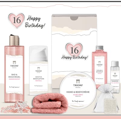 Geschenkset “16 Jaar, Happy Birthday!” - 7 producten - 850 gram | Luxe Cadeaubox voor haar - Wellness Pakket Meisje - Giftset Party Sweet Sixteen - Cadeaupakket Zestien Jarige - Verjaardag Gefeliciteerd - Cadeau Pakket Speciaal Feestje -Gift Set Roze