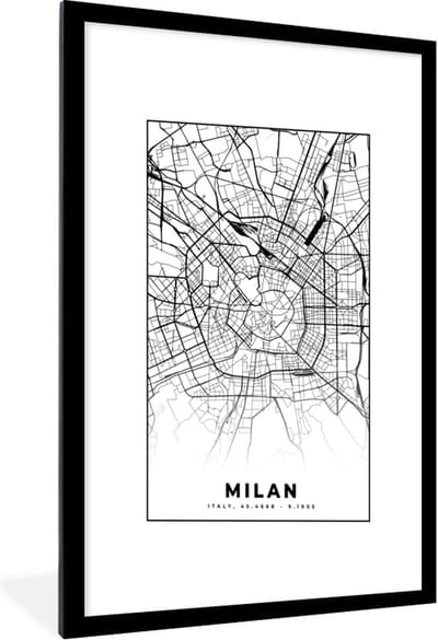 Fotolijst incl. Poster Zwart Wit- Milaan - Stadskaart - Zwart Wit - Plattegrond - Kaart - 60x90 cm - Posterlijst