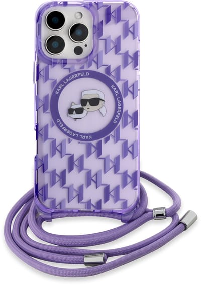 Karl Lagerfeld Back Cover - iPhone 16 Pro - Paars - Schokabsorberend TPU - Met Koord