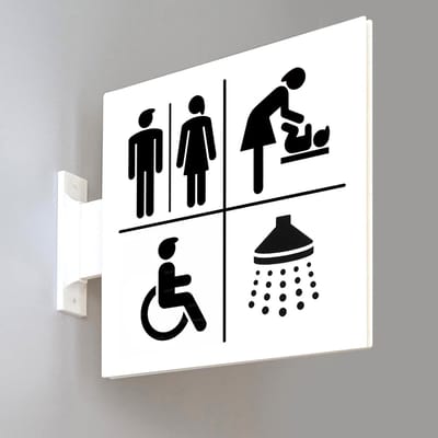 Toilet WC-bordje dames & heren, babyverzorging, invalide, douche – dubbelzijdig uithangbord – flag sign – wand of plafond – 15 × 15 cm – 3D-geprint