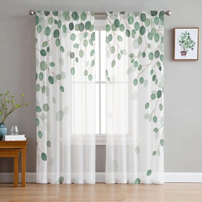 Eucalyptus Bladeren Plant Tule Gordijnen voor Woonkamer Keuken Slaapkamer Transparante Tule voor Café Hotel Moderne Huisdecoratie 135W x 114H(cm) white