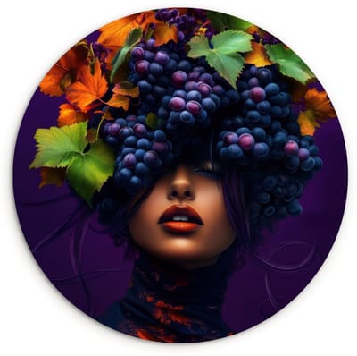 WallCircle® Wandcirkel 120x120 cm - Muurcirkel Vrouw - Paars - Druiven - Muurdecoratie woonkamer - Wanddecoratie slaapkamer - Kamer decoratie accessoires - Ronde schilderijen XXL