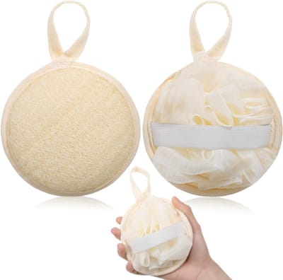Natuurlijke luffah-spons, 12,5 cm, rond met ophangring, ideaal voor lichaamspeeling en exfoliatie, set van 2 stuks voor dames en heren