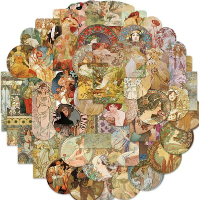 Alfons Mucha Stickers set - 54 stickers met kunstwerken/schilderen - 3,5x6cm