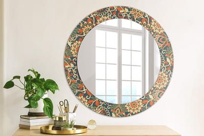 Wallfluent Bedrukte Ronde Spiegel - Ronde Wandspiegel Met Print Retro Bloemen - 60 cm / 46 cm - Oranje - Oranje Ronde Wandspiegel Decoratieve Print - Badkamerspiegel - Gangspiegel - Eetkamer - Hal - Eenvoudige installatie