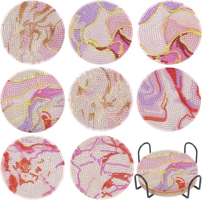 Namajunas - Diamond painting - Onderzetters met houder - DIY Diamant Schilderij Glas Onderzetters - Set van 8 - Antislip-onderzetters voor drankjes - Ronde keukentafel decoratie - Cadeaus voor volwassenen en kinderen - Marmeren Oceaanroos