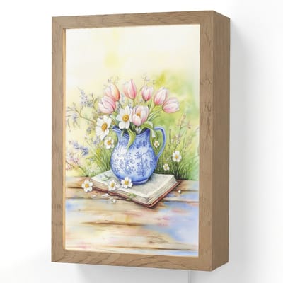 Wandlamp 20x30 cm - Oplaadbaar - Vaas - Delftsblauw - Madeliefjes - Wandlampen binnen woonkamer - Slaapkamer lamp met kabel - Decoratieve nachtlamp - Vloerlamp snoer