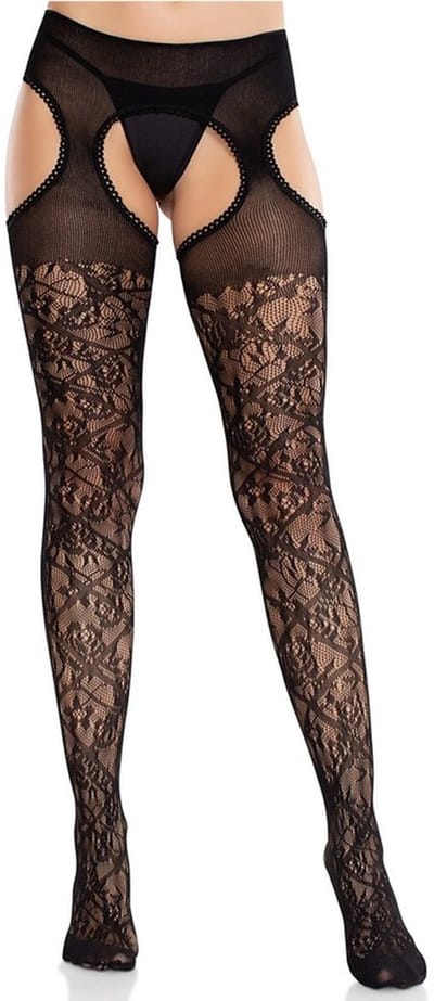 Leg Avenue - Cross Hatch Floral Lace Kousen en jarretelgordel set - Zwart