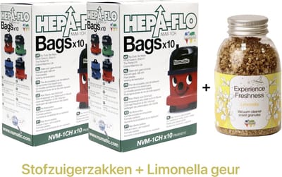 Numatic - 2x Stofzuigerzakken + 1x Geurkorrels (limonella geur) - Hepa flo bags - Voor Henry/Hetty - NVM 1CH X10 - COMBIDEAL
