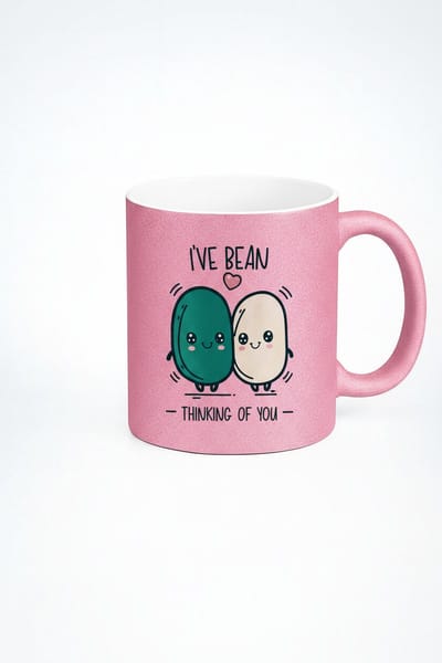 Roze Glitter Mok 'I'VE BEAN THINKING OF YOU' | Grappig Bonen Pun | Liefdes Mok Cadeau