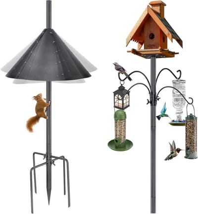 Heavy Duty Bird Feeder Post, Uranshin Outdoor Bird House Poles, 104 Inch Adjustable Outdoor Bird Feeder Stand with Squirrel Baffle 4 Shepherd Hooks 5 Teeth Base for Outdoor Backyard Garden