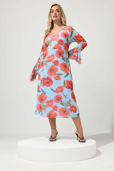 Yours London Lichtblauwe Jurk Met Bloemenprint En Mesh Size 42
