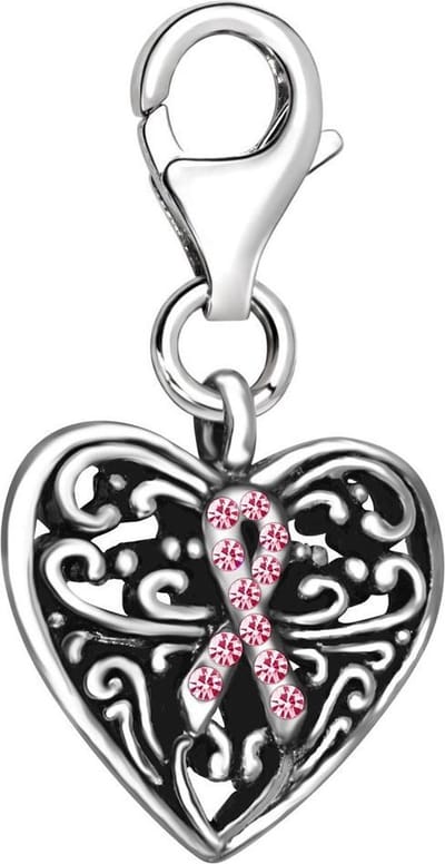 Quiges – Charm – Hanger - 3D Hart met Zirkonia Lint - Verzilverd - karabijnslot - geschikt - voor - Bedelarmband - QHC089