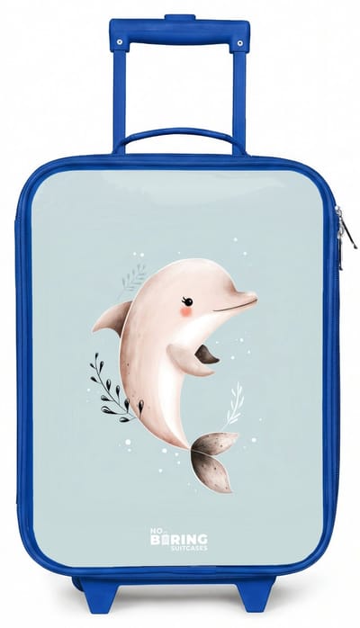 NoBoringSuitcases.com® - Kinderkoffer blauw - Kindertrolley jongen - Beige dolfijn in blauw water - Koffer kind lichtgewicht - Reiskoffer trolley voor kinderen - Koffertje met lichtgevende wieltjes - Rolkoffer