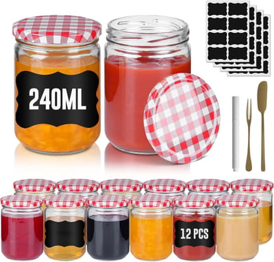 NAIZY Kleine Inmaakpotjes 12-delige set Mason Jar Ronde Jampotjes met Metalen Deksel 240ml Mini Luchtdichte Potjes Transparante Inmaakpotjes voor Honing, Kruiden, Jam (Rood & Wit Geruit)