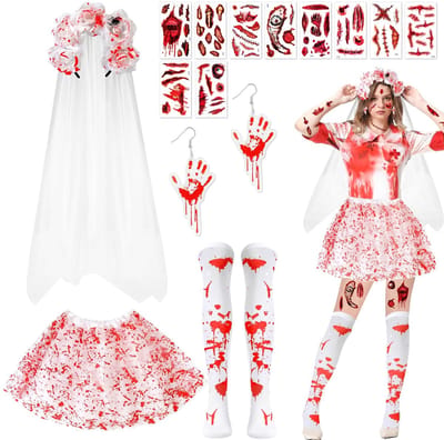 Dailygoody - Zombie bruid kostuum - Halloween kostuum - Angstaanjagende look - Witte tutu rok - Dode bruid - Perfect voor Halloween - Inclusief sluier