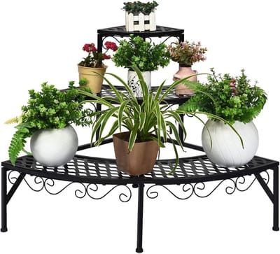 COSTWAY Metalen bloementrap, 3-traps plantenstandaard, multifunctioneel plantenrek, tentoonstellingsrek voor binnen en buiten, plantenrek, bloemenrek voor terras, tuin, balkon