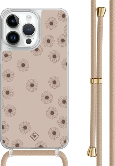 Casimoda® hoesje met beige koord - Geschikt voor iPhone 14 Pro Max - Cute Flowers - Afneembaar koord - TPU/polycarbonaat - Zwart