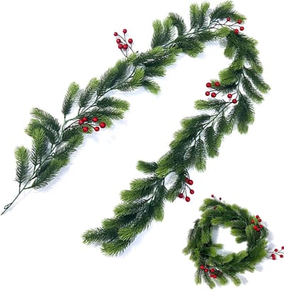 Kerstkrans van 180 cm met bessen, kunstmatige dennen, decoratie voor de deur en woning, perfect voor kerstversiering en feestelijke ambiance
