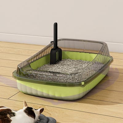 Daity Grote kattenbak voor binnen met een halfgesloten ontwerp met hoge spijlen om spatten te voorkomen en voldoende ruimte te bieden voor uw kat. Inclusief schepje. Geschikt voor zowel binnen- als buitengebruik (groen).