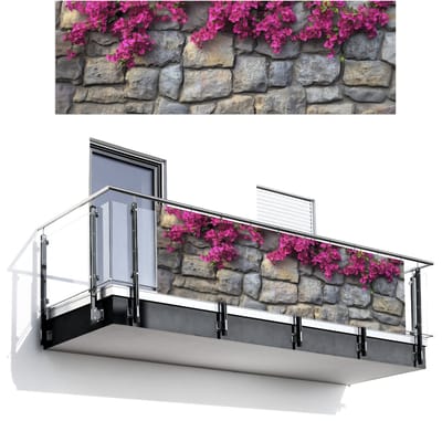 Balkonscherm 300x100 cm - Balkonposter Bougainvillea - Stenen Muur - Roze - Balkon scherm decoratie - Balkonschermen - Balkondoek zonnescherm