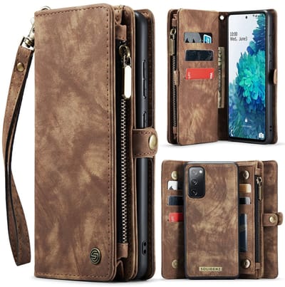 Geschikt Voor Samsung Galaxy S20 FE Hoesje - Solidenz Wallet Case S20 FE - Telefoonhoesje S20 FE - S20 FE Case Met Pasjeshouder - Met Ritsvak - Met Polskoord - Portemonee Hoes - Bruin