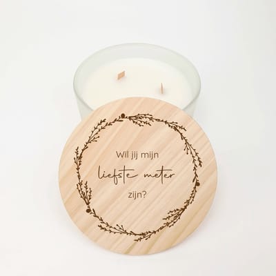 Geurkaars XL - GROOT - 3 houten wieken - Meter vragen - Wil je mijn meter zijn - Meter vragen cadeau - Flowerhoop gravure design