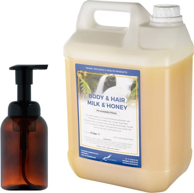 Zeepdispenser 300 ml amber bruin hervulbaar + 5 liter Body & Hair Milk & Honey navulling