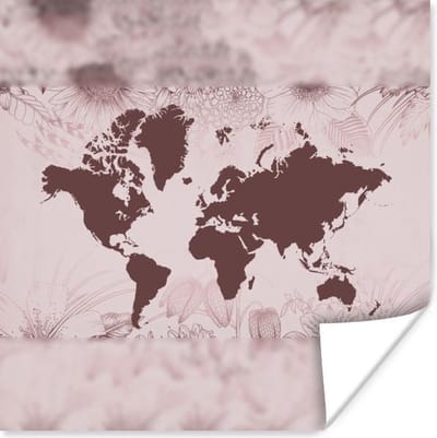 Poster 30x30 cm - Wereldkaart - Bloem - Rood - Posters - Kamer decoratie - Wanddecoratie woonkamer - Muurdecoratie slaapkamer